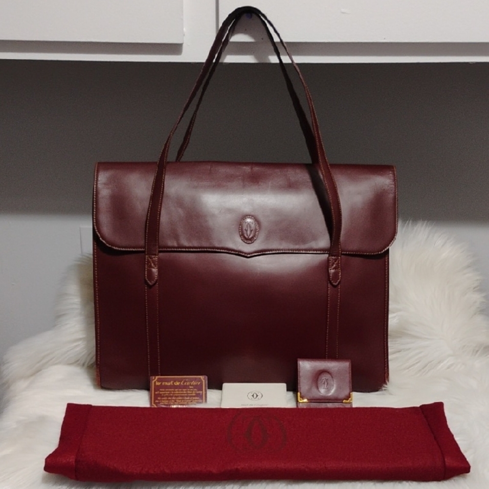 Auth Cartier Must Line Leather Bordeaux Shoulder Bag Dust Bag Coin Case